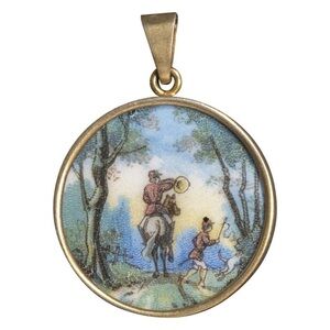 Antique guilloche enamel miniature painting in 14 k gold pendent .